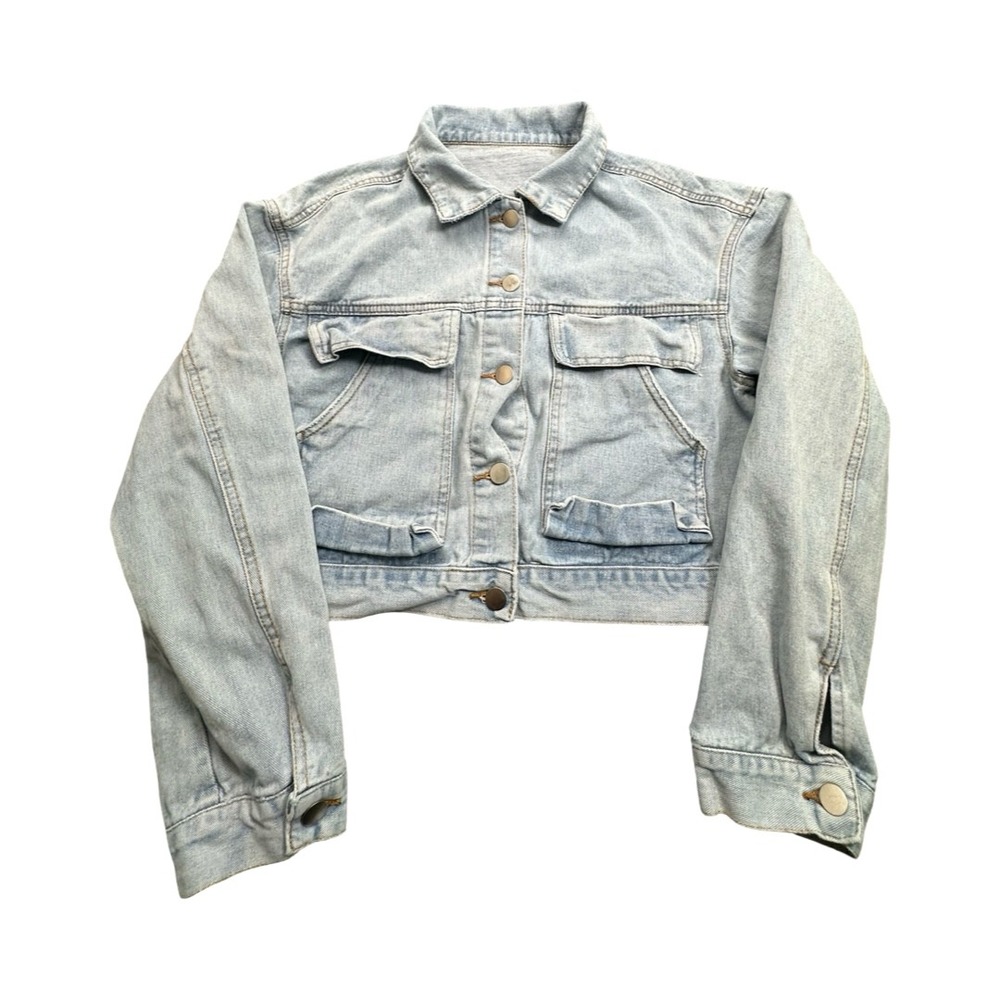 SHEIN Denim Jacket Women M Light Blue Cropped Raw Hem Boxy Button Up Utility
